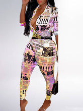 Two Piece Newspaper Print Jacket Pants Set